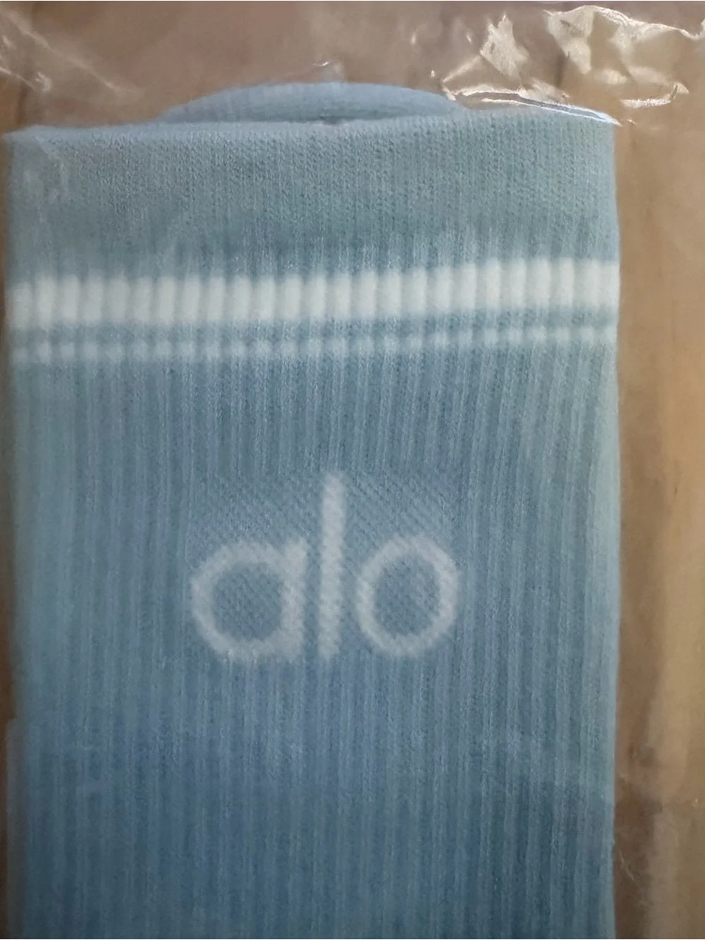 ALO Yoga Pastel Blue Ribbed Crew Socks with White Stripes